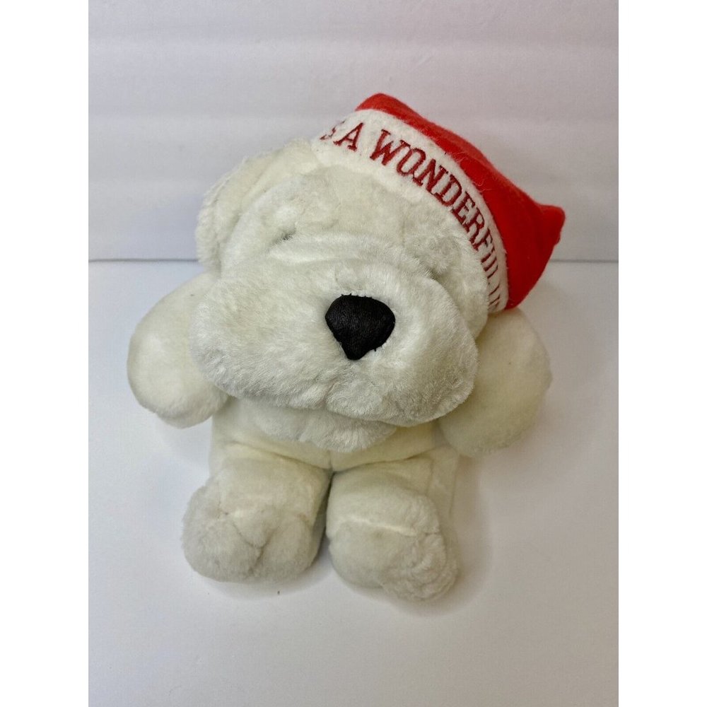 White Dog Bulldog It’s A Wonderful Life Plush Puppy Santa Hat Christmas Holiday